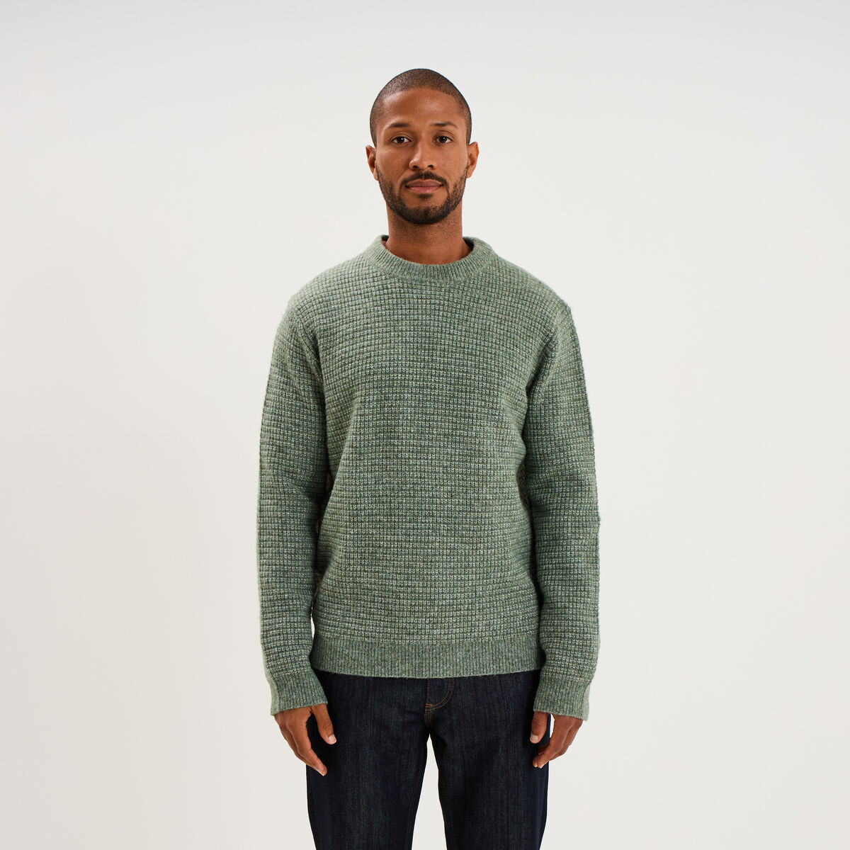 Pull col rond manches longues vert kaki homme