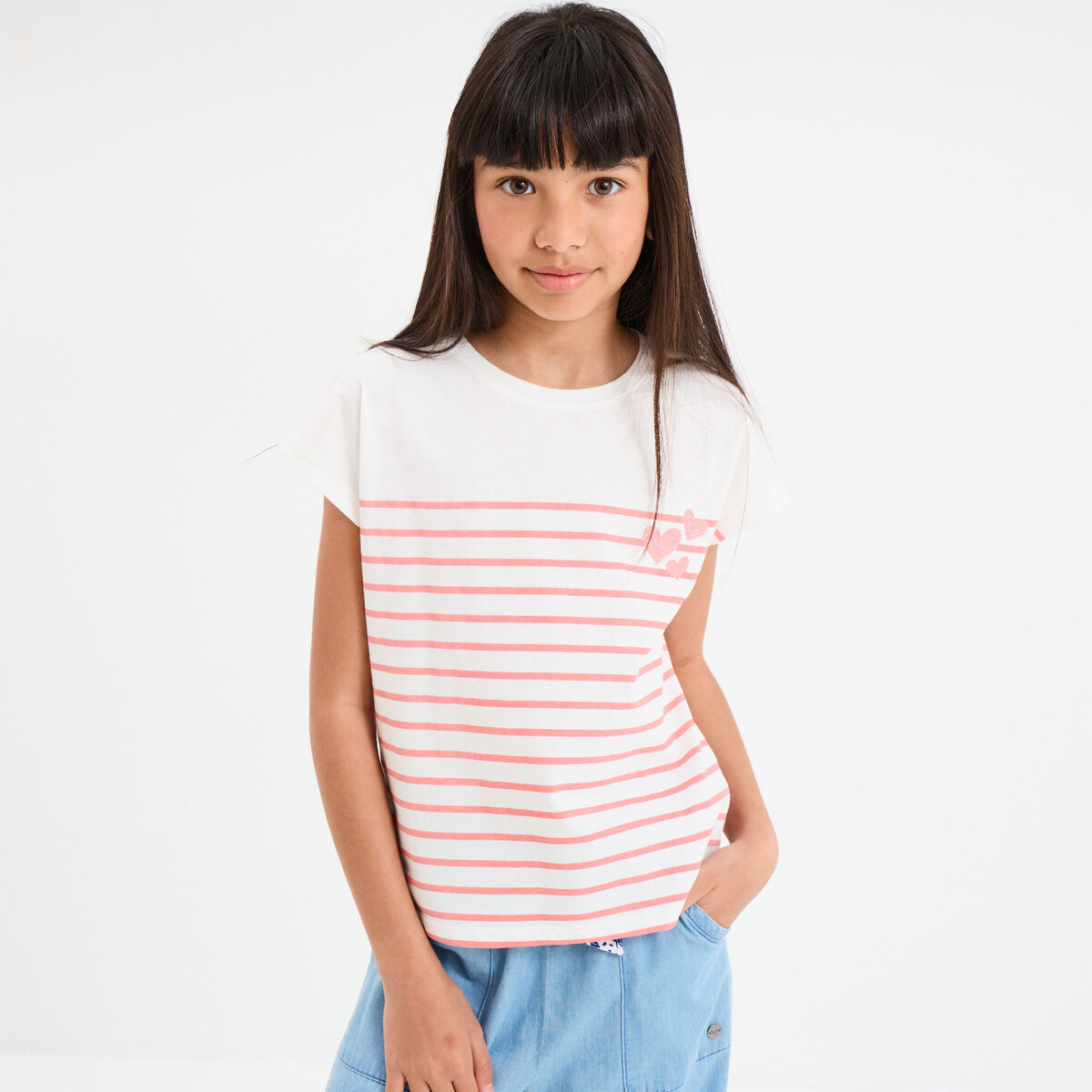 T-shirt manches courtes col rond coton ecru fille