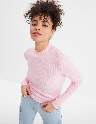 Pull côtelé col montant Creeks rose femme