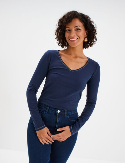 T-shirt manches longues col en V coton bleu marine femme