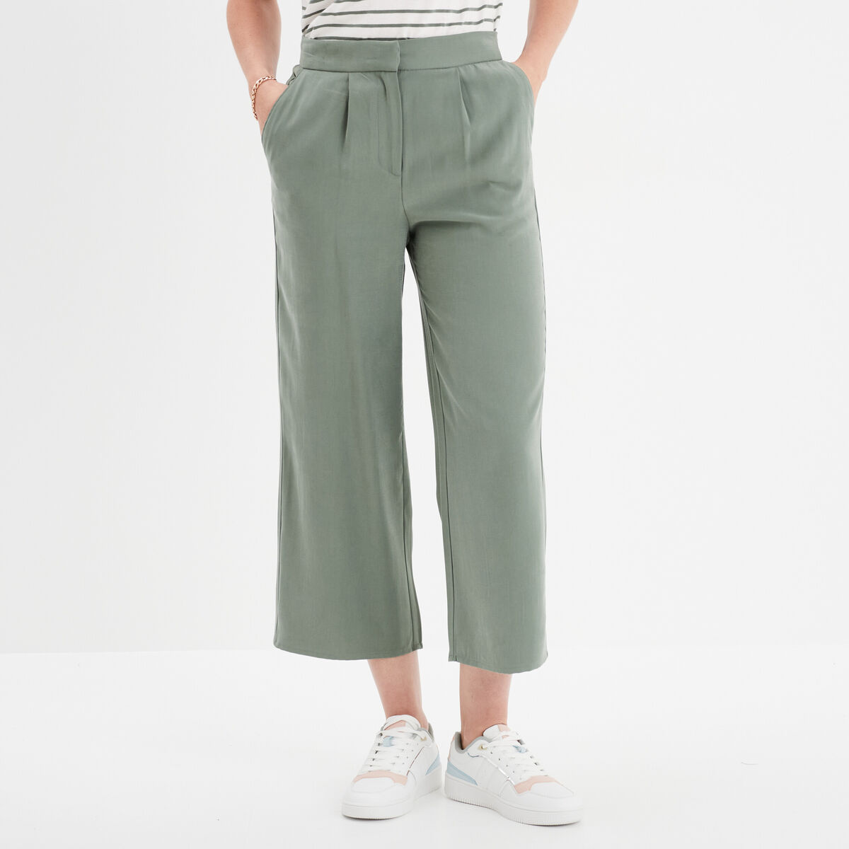 Pantalon large fluide taille élastiquée vert kaki femme
