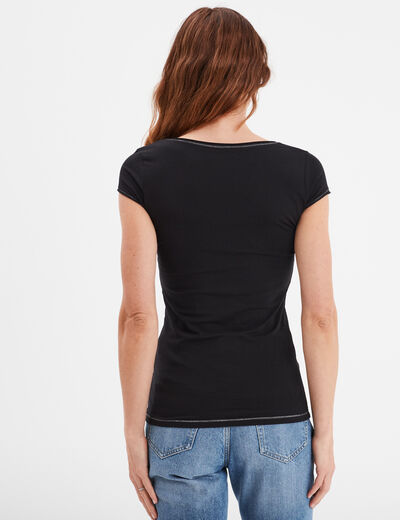 T-shirt col V ajusté manches courtes noir femme