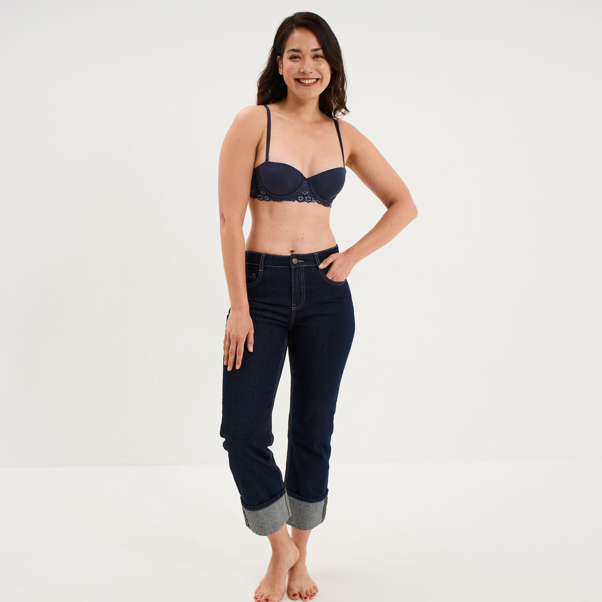 Soutien-gorge balconnet micro dentelle bleu marine femme