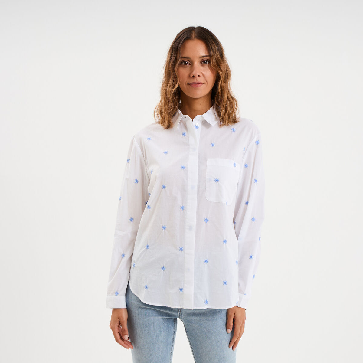 Chemise droite brod&eacute;e coton blanc femme