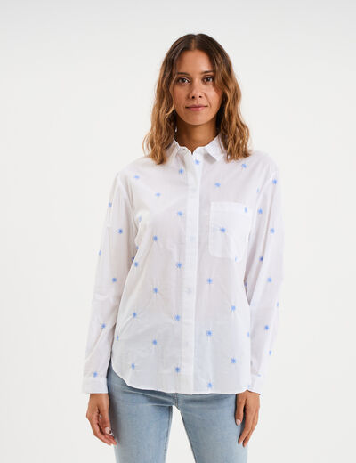 Chemise droite brod&eacute;e coton blanc femme