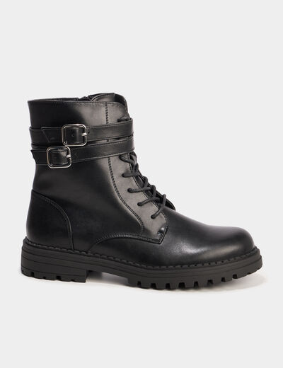Boots crant&eacute;es &agrave; lacets et boucles noir femme