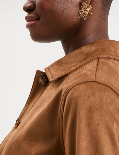 Veste courte effet su&eacute;dine marron femme