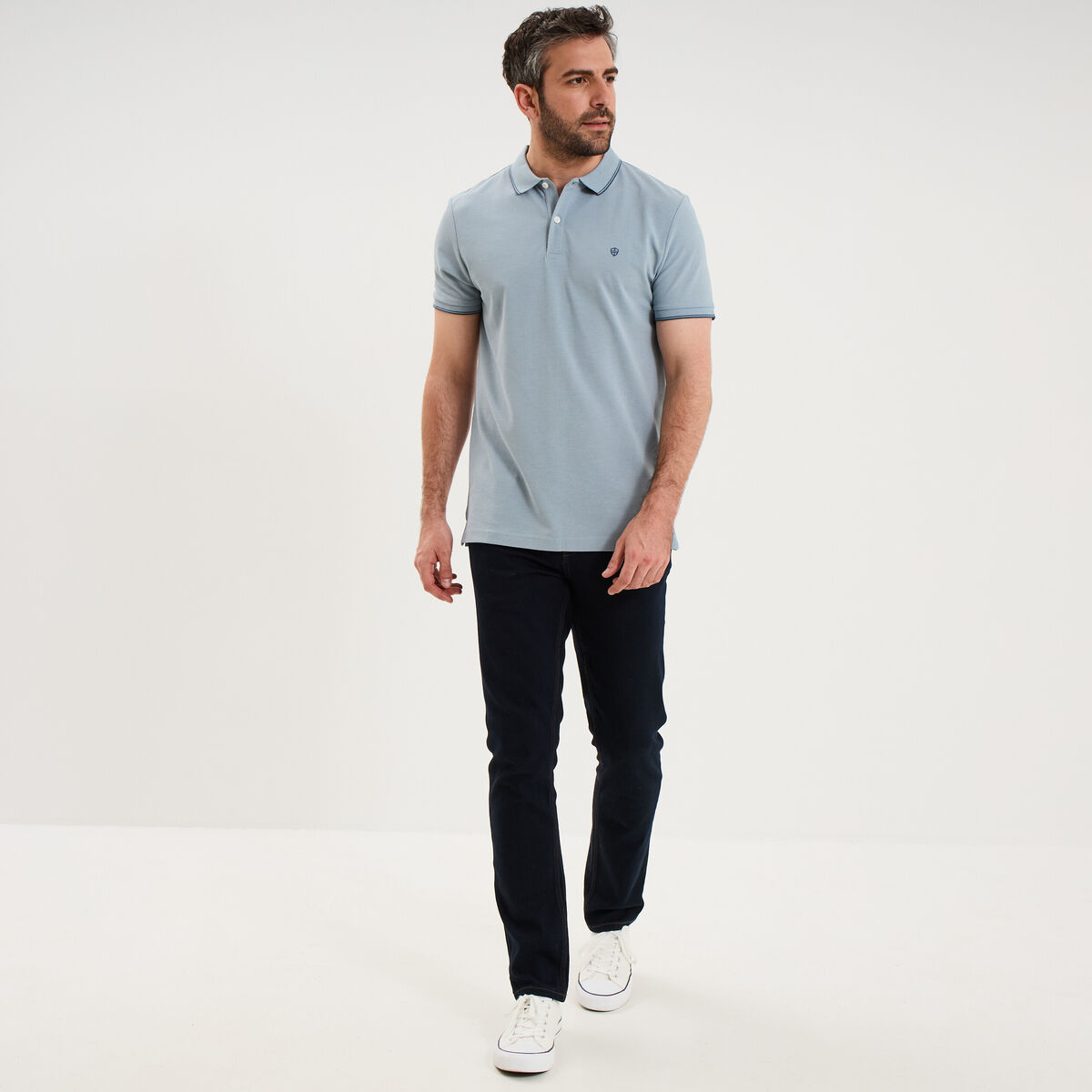 Polo piqu&eacute; coton manches courtes bleu gris homme