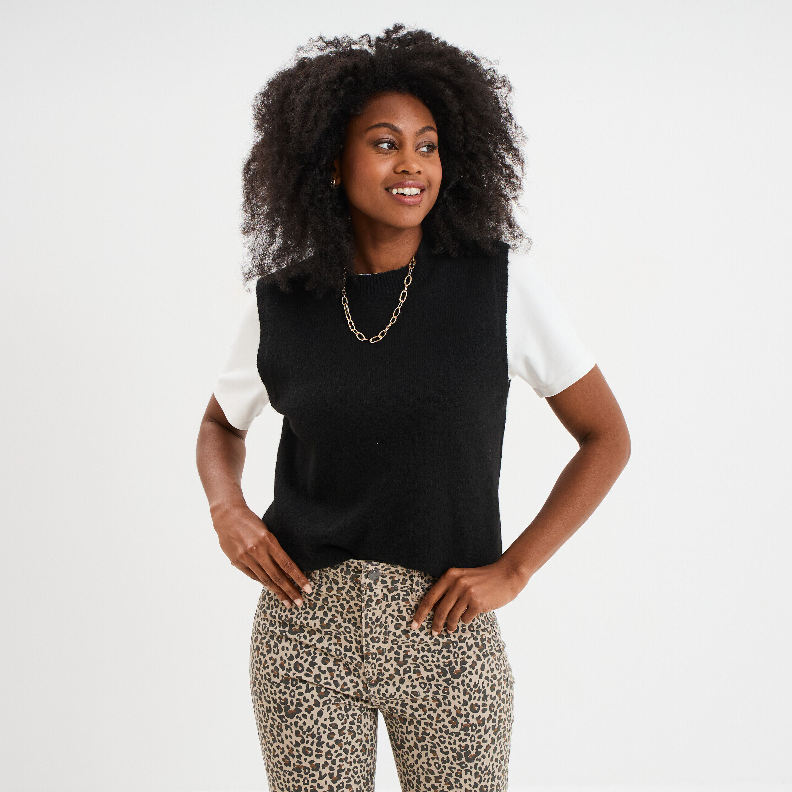 Pull sans manches col rond noir femme LH