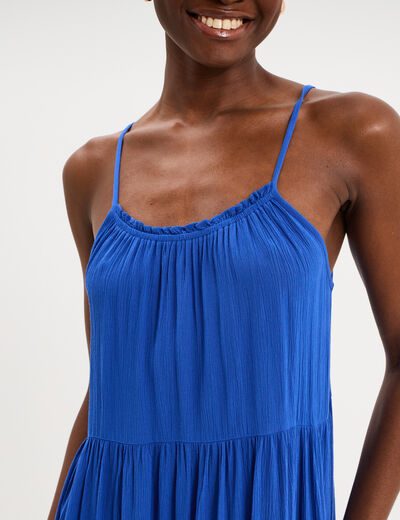 Robe fluide &agrave; volants fines bretelles bleu electrique femme