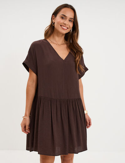 Robe courte fluide manches courtes marron fonc&eacute; femme