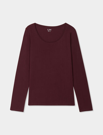 T-shirt coton col rond manches longues prune femme