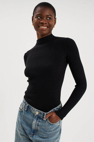 Pull ajust&eacute; c&ocirc;tel&eacute; col montant noir femme