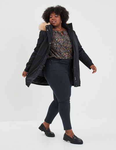 Parka à capuche bordure fausse fourrure noir femme grande taille