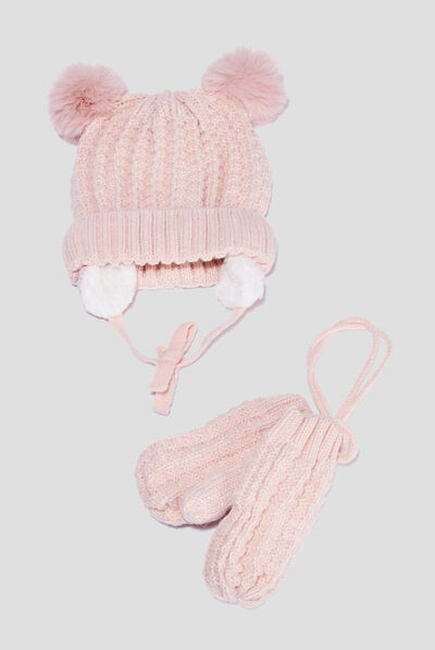 Ensemble bonnet et moufles rose bébé fille