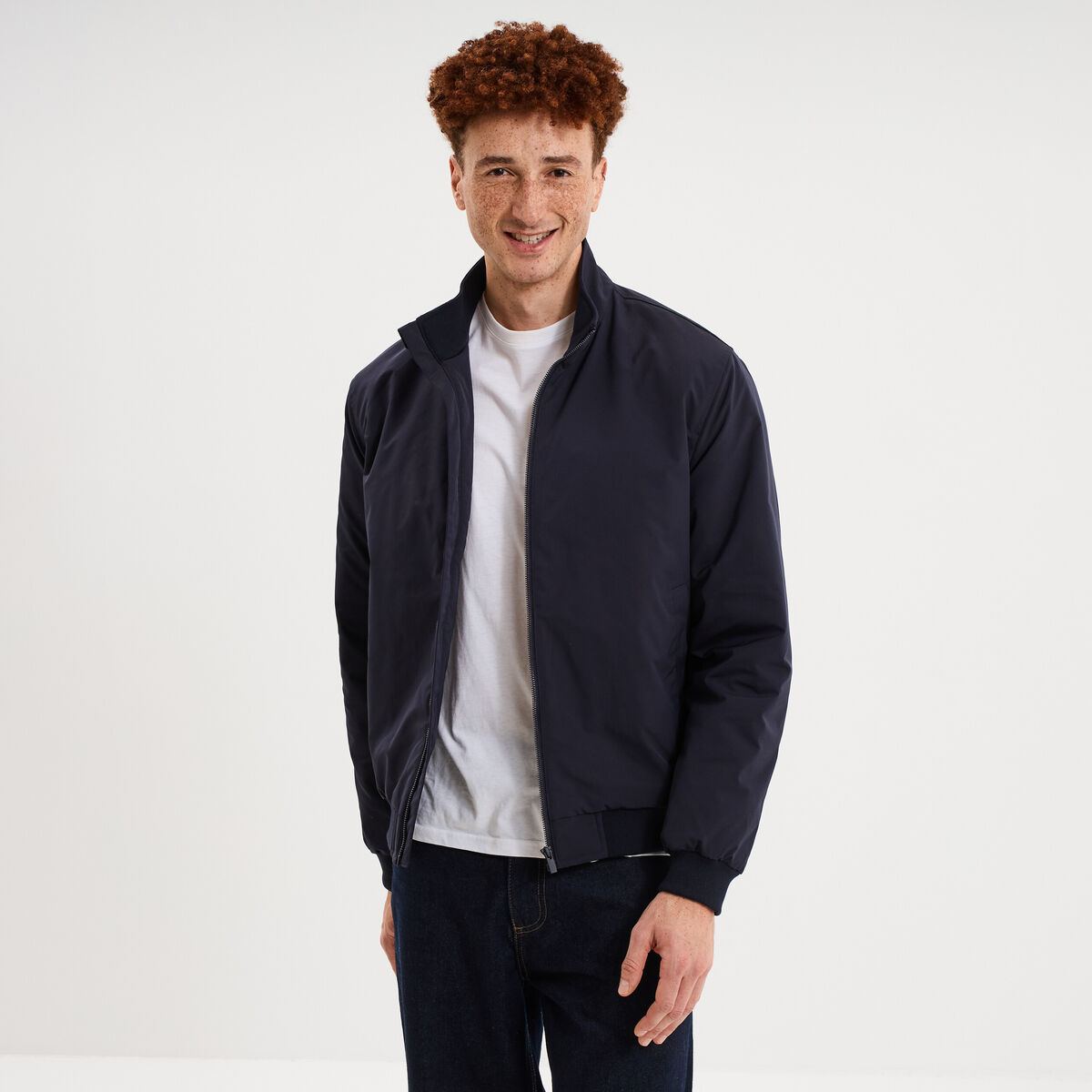 Blouson d&eacute;perlant col montant bleu fonc&eacute; homme