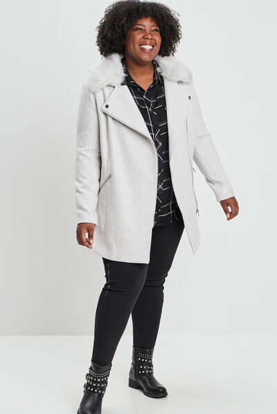 Manteau droit mi-long gris femme grande taille