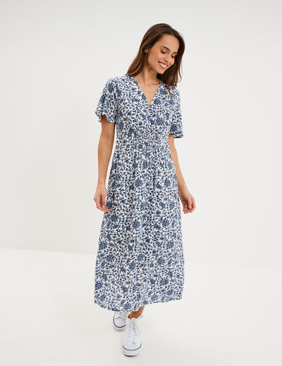Robe longue empire taille smock&eacute;e blanc femme