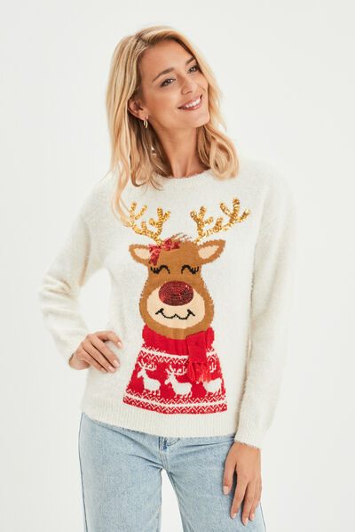 Pull de Noël avec sequins et franges ivoire femme
