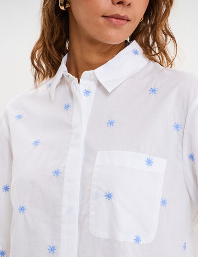 Chemise droite brod&eacute;e coton blanc femme
