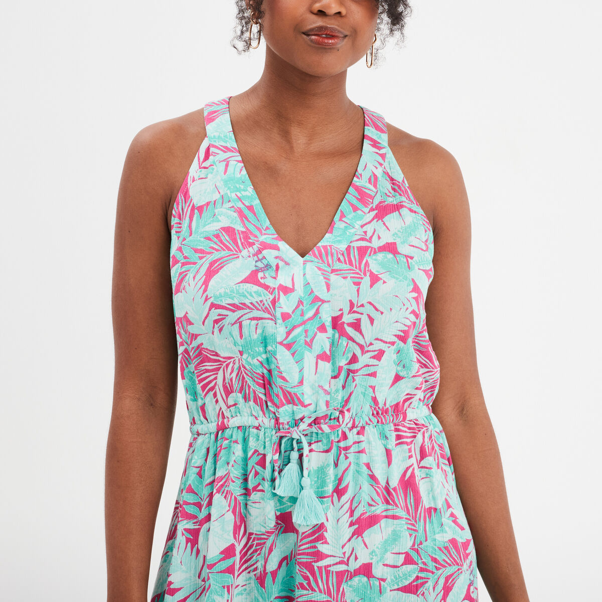 Robe longue sans manches taille coulisse rose fushia femme