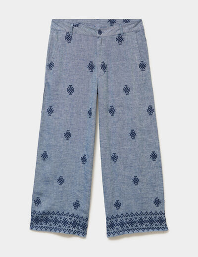 Pantalon large brod&eacute; bleu fonc&eacute; femme