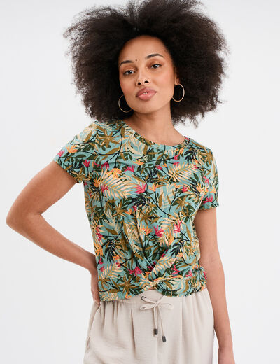 T-shirt taille effet noué coton vert émeraude femme