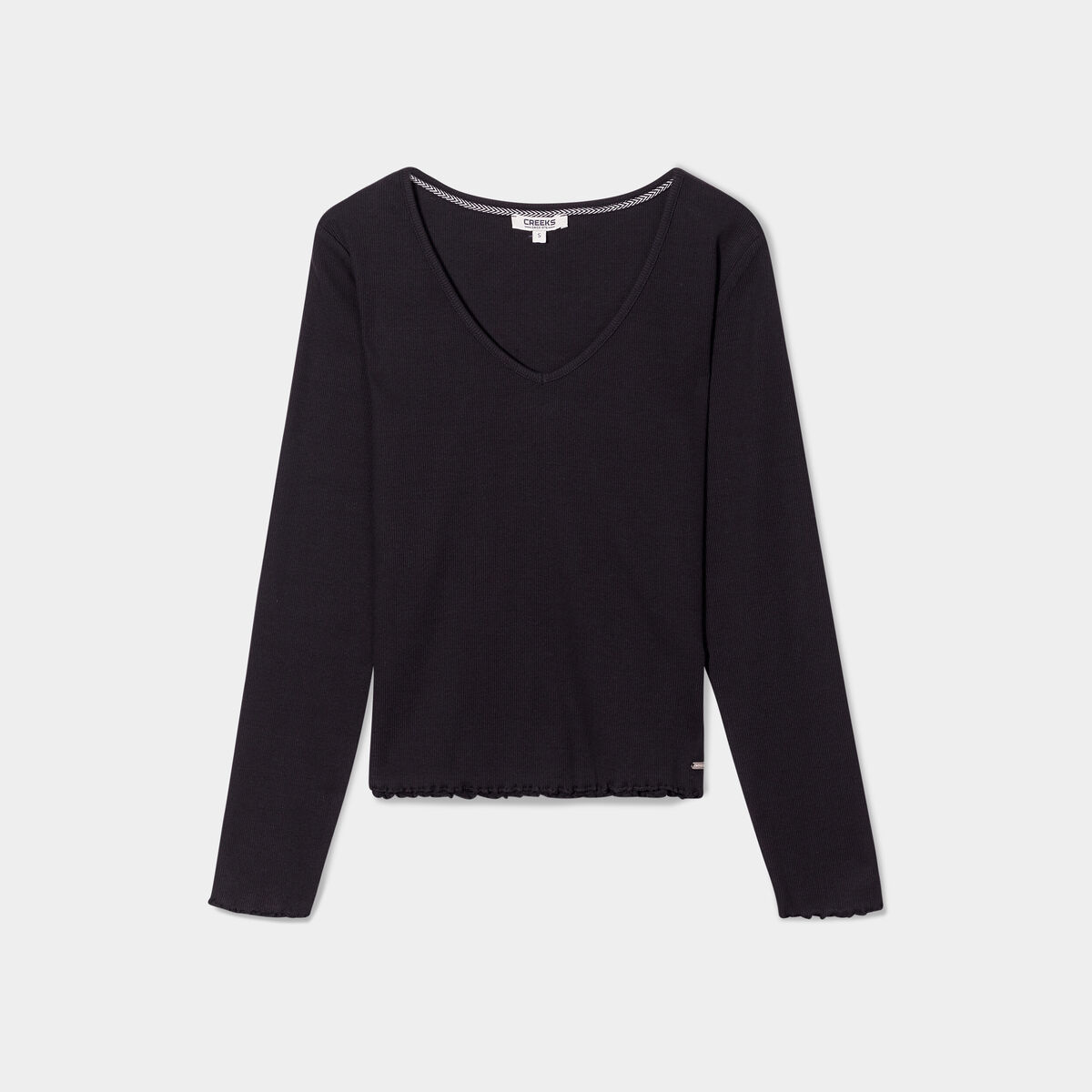 T-shirt côtelé col en V manches longues noir femme