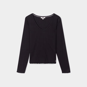 T-shirt côtelé col en V manches longues noir femme