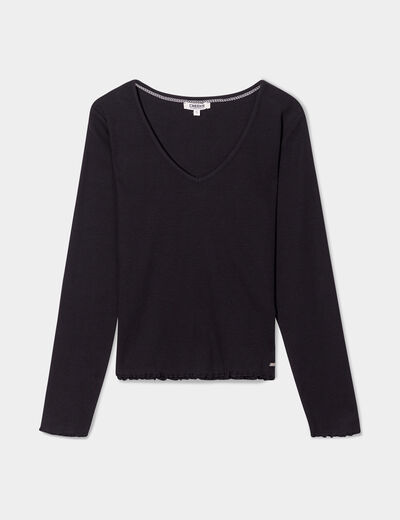 T-shirt côtelé col en V manches longues noir femme