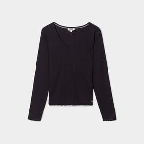 t shirt cotele col en v manches longues noir femme T-shirt côtelé col en V manches longues noir femme