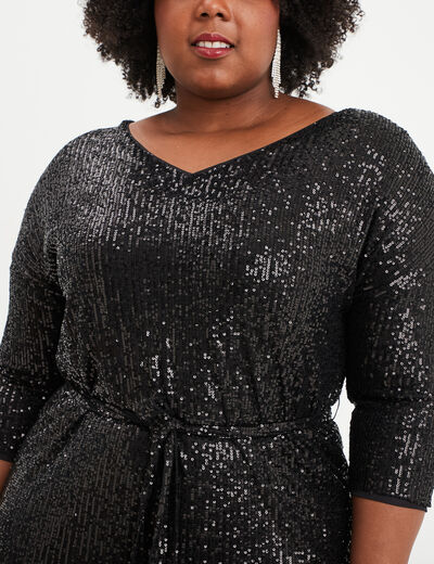 Robe évasée à sequins manches 3/4 noir femme grande taille