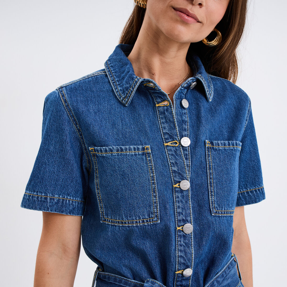Combishort en jean ceinturée coton denim stone femme