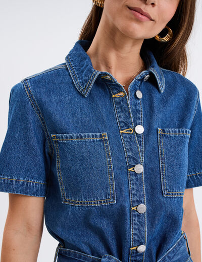 Combishort en jean ceinturée coton denim stone femme