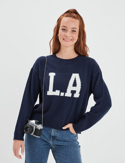Pull col rond manches longues Creeks bleu marine femme