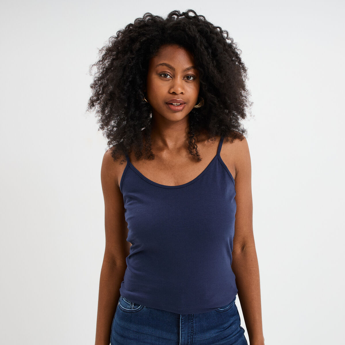Débardeur bretelles réglables en coton bleu marine femme