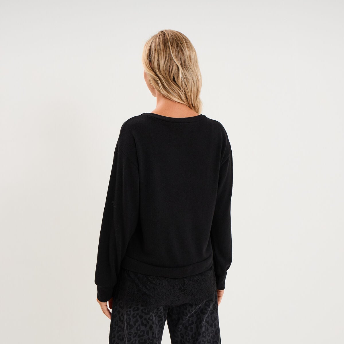 Pull col rond dentelle &agrave; la taille noir femme