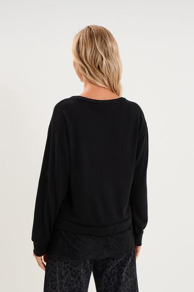 Pull col rond dentelle &agrave; la taille noir femme