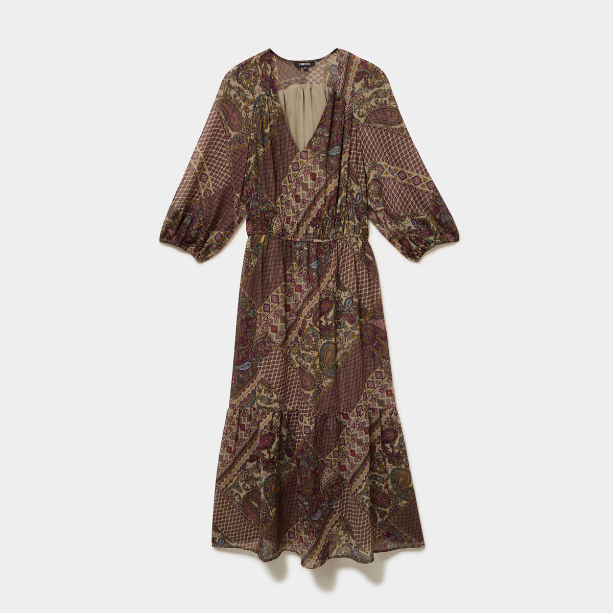 Robe longue manches 3/4 col en V vert kaki femme