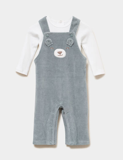 Ensemble t-shirt salopette effet velours vert fonc&eacute; b&eacute;b&eacute;