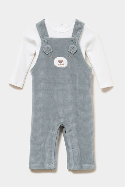 Ensemble t-shirt salopette effet velours vert fonc&eacute; b&eacute;b&eacute;