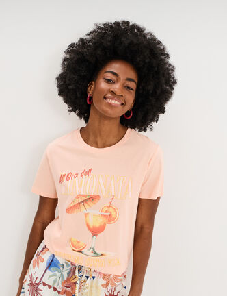 T-shirt droit avec manches courtes coton orange fluo femme