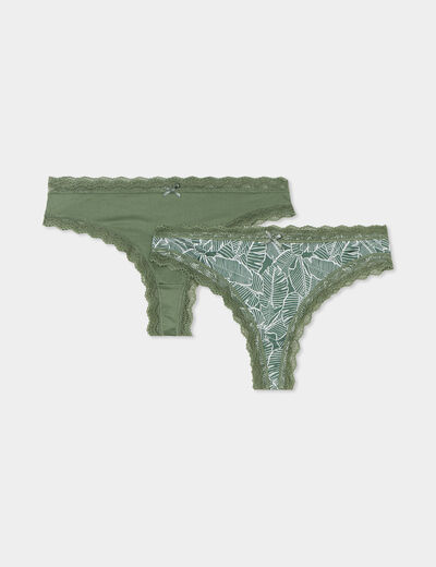 Lot de 2 tangas bords dentelle vert kaki femme