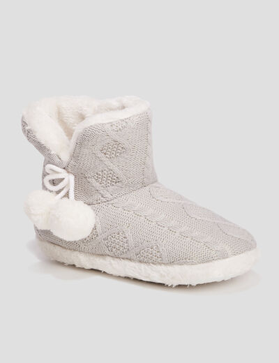 Chaussons bottines avec pompons gris femme