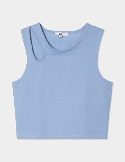 Débardeur cropped ouverture épaule bleu clair femme