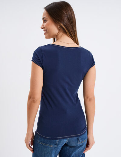 T-shirt col V ajusté manches courtes bleu marine femme