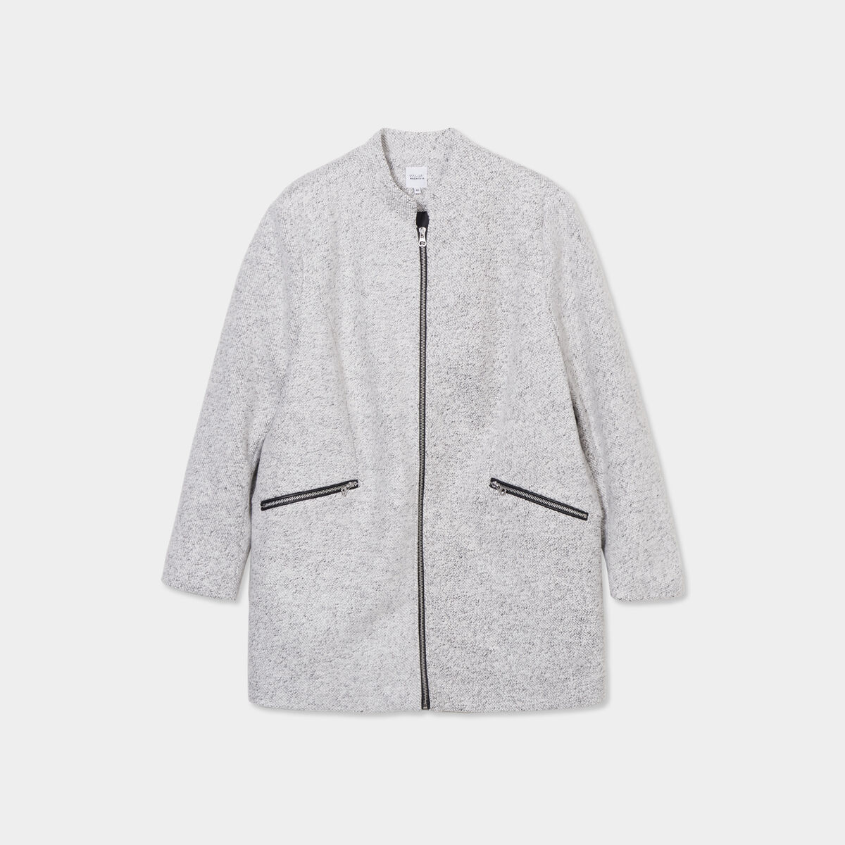 Manteau mi-long droit zippé col mao gris clair femme grande taille