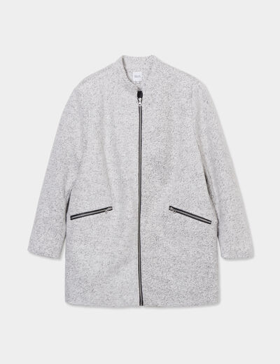 Manteau mi-long droit zippé col mao gris clair femme grande taille