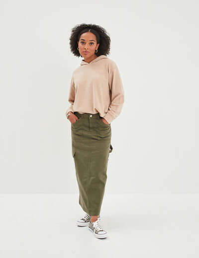 Jupe midi droite 5 poches vert kaki femme