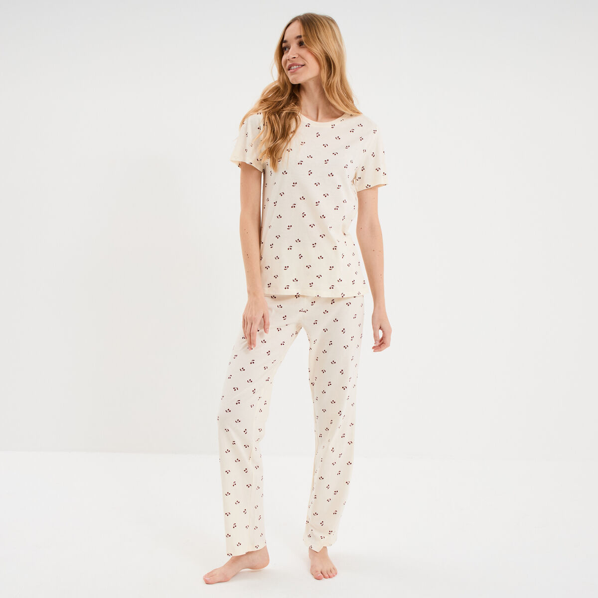 Ensemble pyjama t-shirt pantalon coton ecru femme
